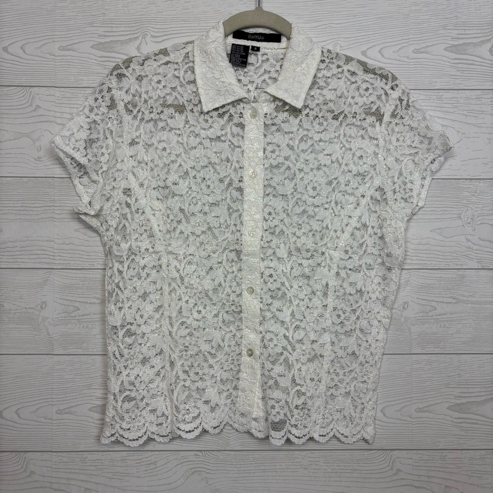 ISHYU Floral Lace White Button Down Blouse Size 8